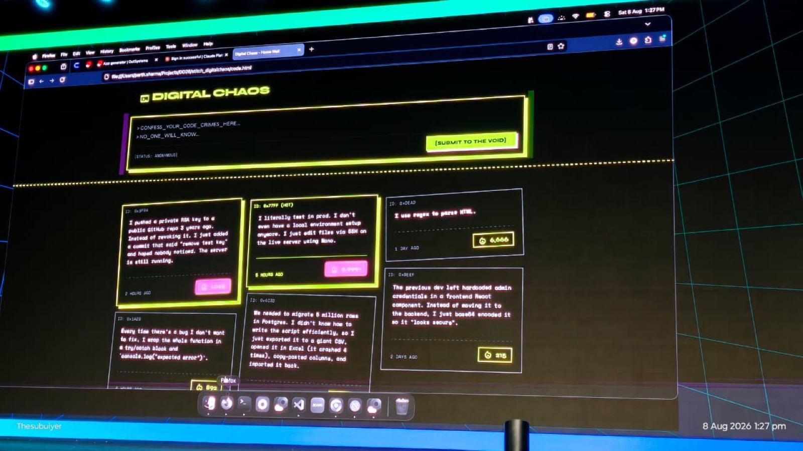 The venue's big screen showing Parth pointing at the Stitch-generated 'Digital Chaos' reference mockup in a browser — confession cards with fire-upvote counts and a 'confess your code crimes' submit box.