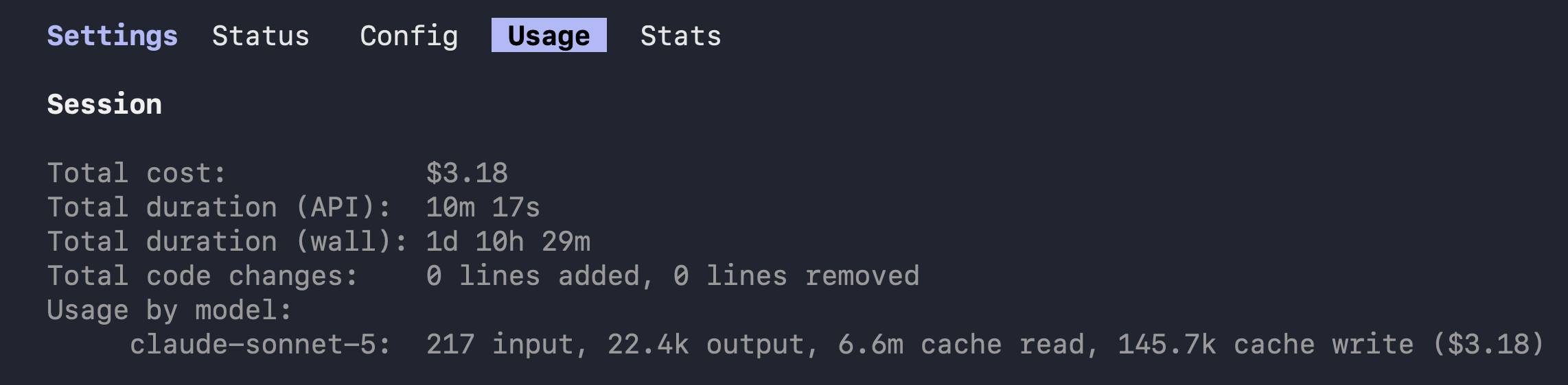 Claude Code usage stats from the rehearsal run: total cost $3.18, API duration 10m 17s, 217 input tokens, 22.4k output tokens, 6.6m tokens read from cache, 145.7k tokens written to cache.